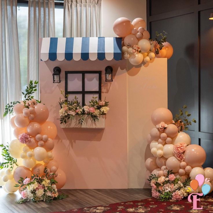 Customised backdrop with window cutout and  3D Striped Awning canopy  : 3/6ft : 1